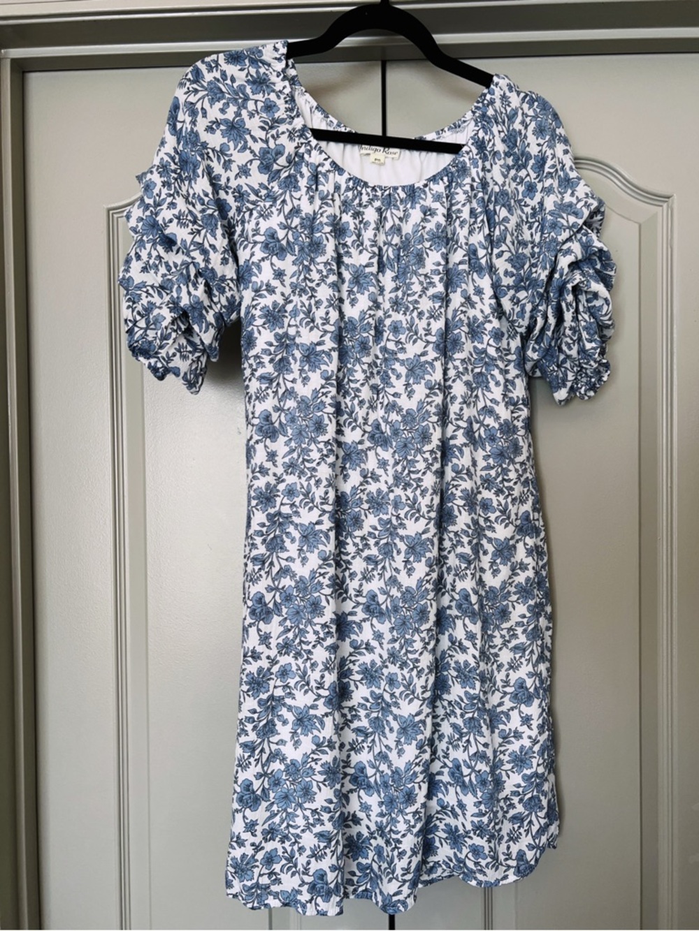 Indigo Rose Blue Floral Mini Dress Puff Sleeve Cottagecore Size PS
